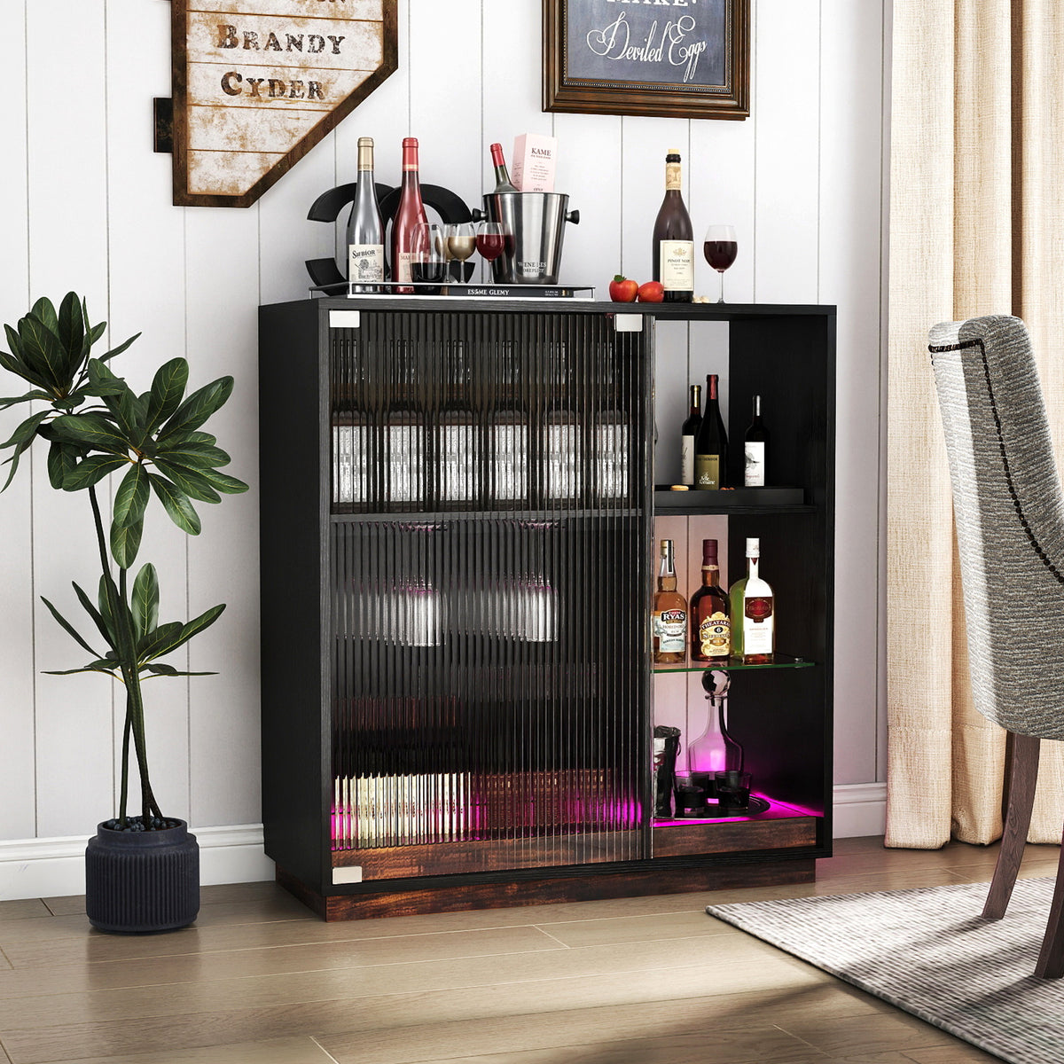 Wine Bar Cabinet with LED Lights & Glass Racks for Living Room Dining Room-Black