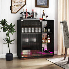 Wine Bar Cabinet with LED Lights & Glass Racks for Living Room Dining Room-Black