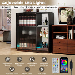 Wine Bar Cabinet with LED Lights & Glass Racks for Living Room Dining Room-Black