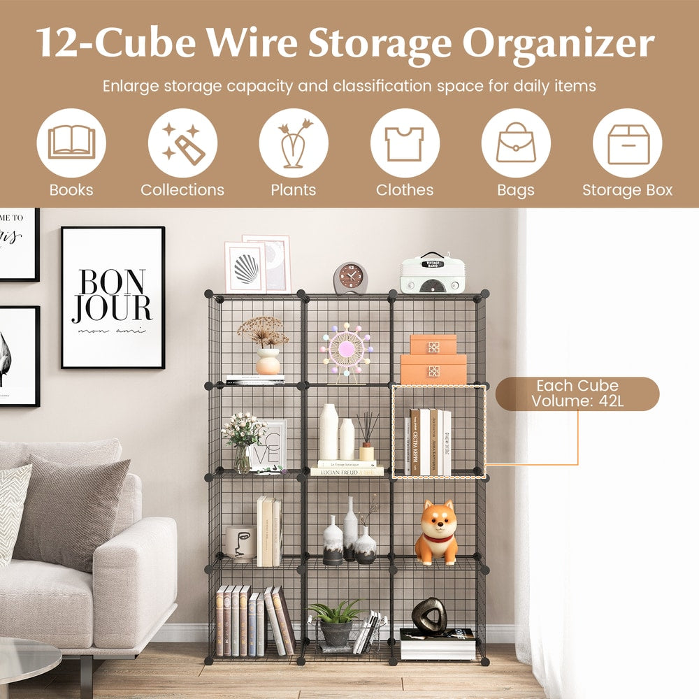 A 12 cube wire storage organiser showing different categories for storage
