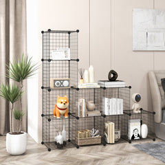 A black wire cube storage unit with various items on shelves in a bedroom setting
