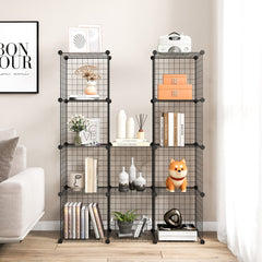The black wire cube storage unit arranged in two sections with books and decorative items