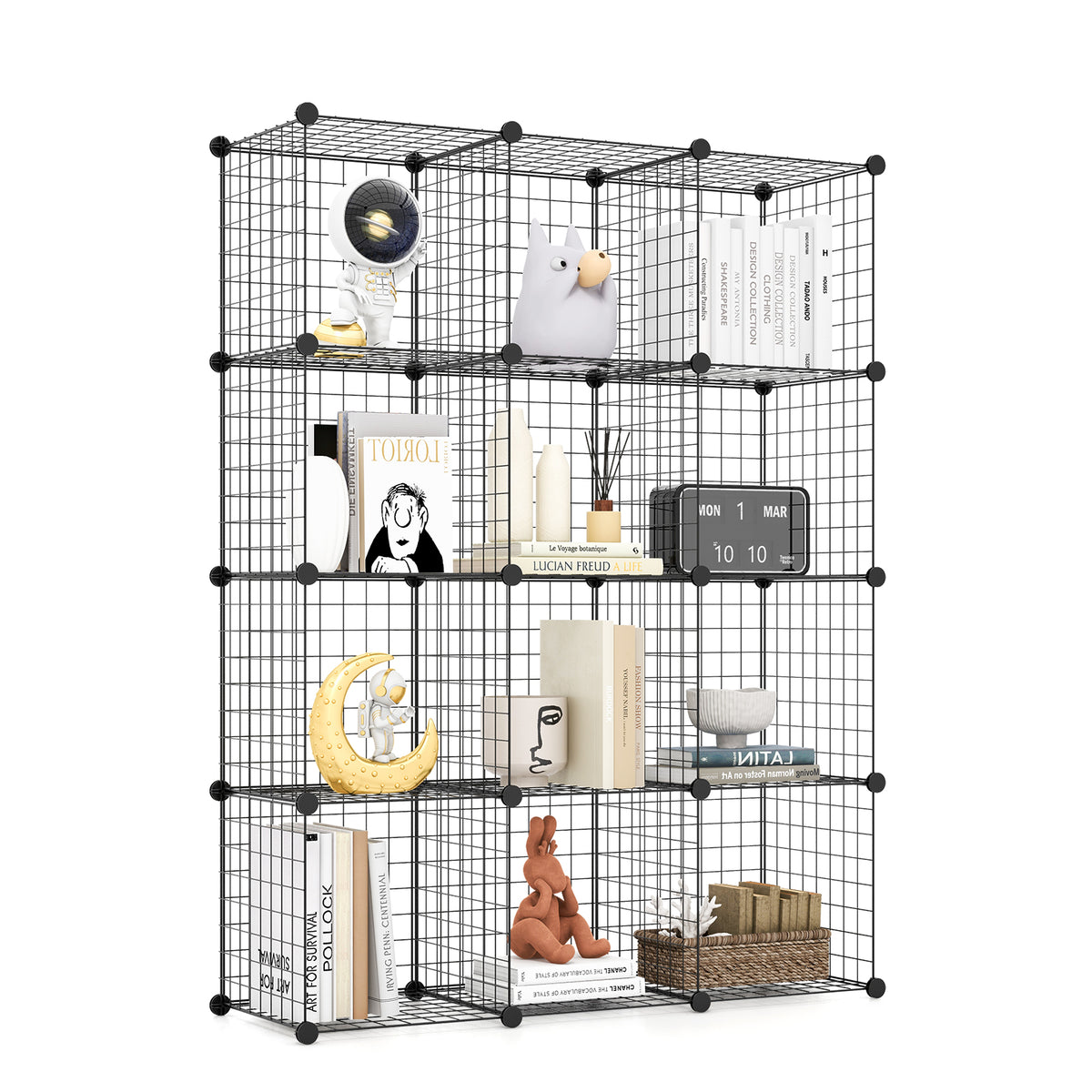The black wire cube shelving unit displaying books, ornaments and a digital clock
