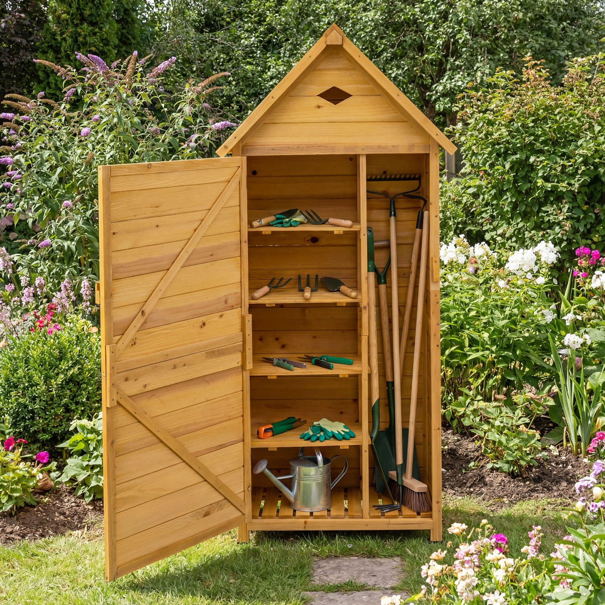 Wood Garden Storage Shed Outdoor Storage Cabinet with Lockable Door-Yellow
