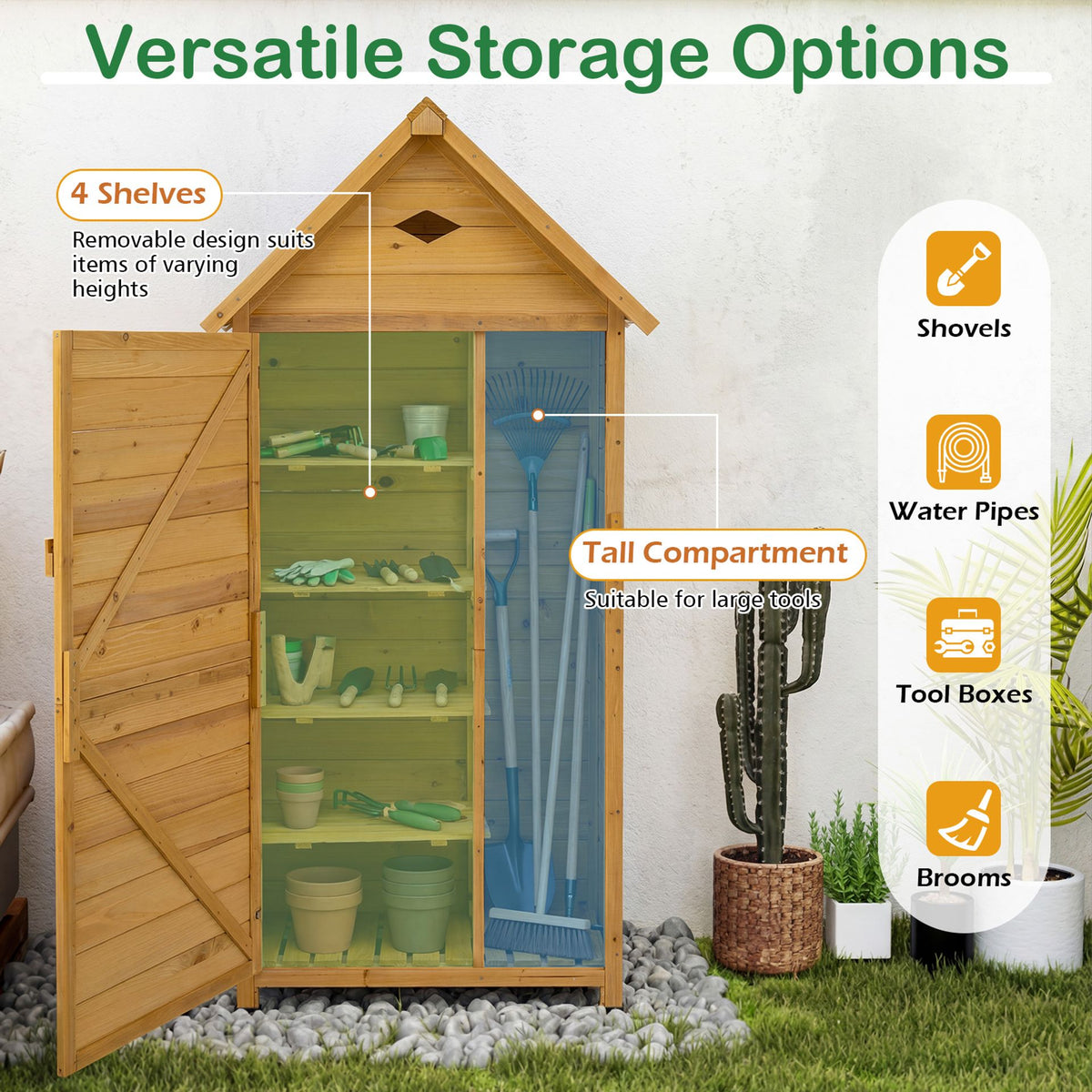 Wood Garden Storage Shed Outdoor Storage Cabinet with Lockable Door-Yellow
