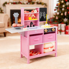 Wood Medical Center Toy Set with Blackboard and Pet Scale for Boys Girls-Pink