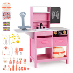 Wood Medical Center Toy Set with Blackboard and Pet Scale for Boys Girls-Pink