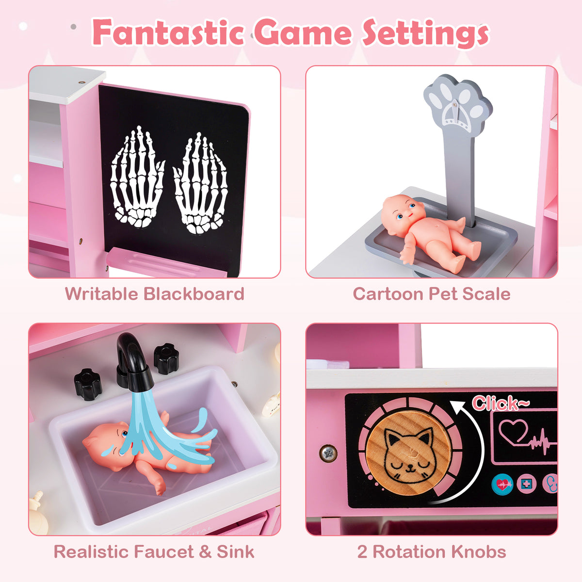 Wood Medical Center Toy Set with Blackboard and Pet Scale for Boys Girls-Pink