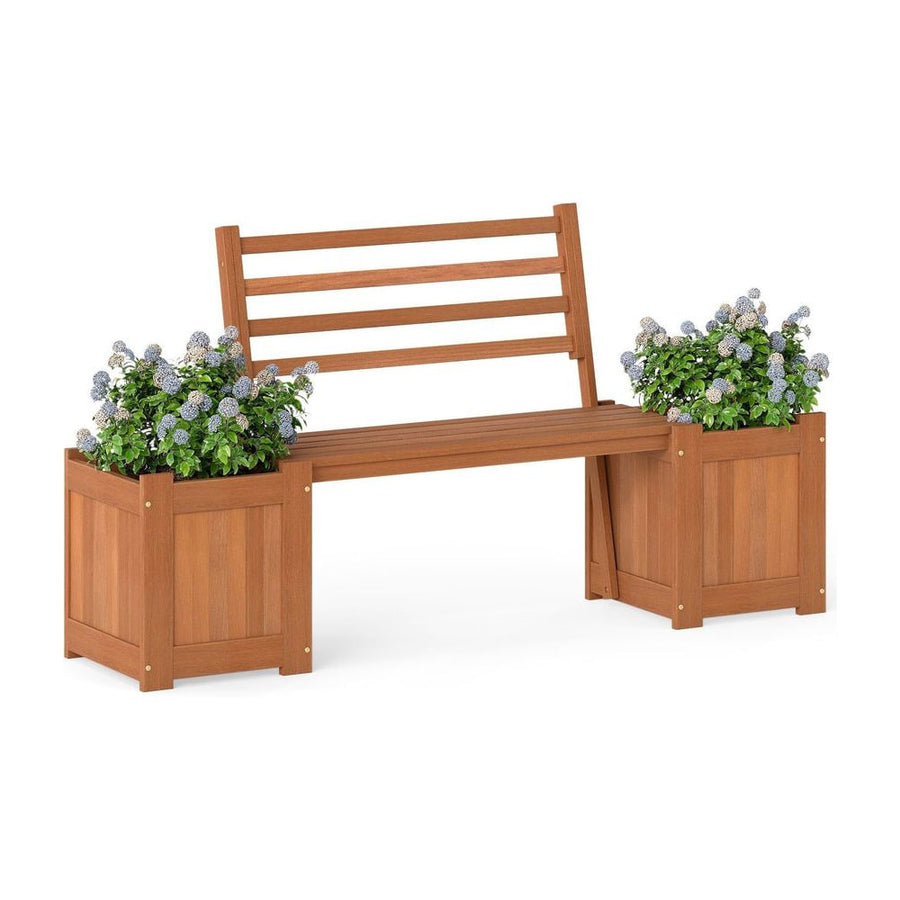 Wood Outdoor Planter Box with Bench Garden Seat with 2 Flower Boxes and Backrest