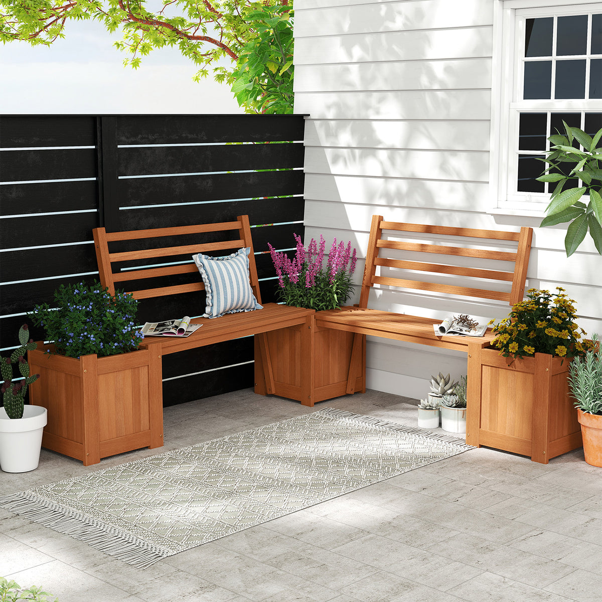 Wood Outdoor Planter Box with Bench Garden Seat with 2 Flower Boxes and Backrest