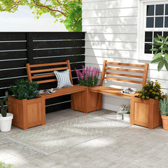 Wood Outdoor Planter Box with Bench Garden Seat with 2 Flower Boxes and Backrest