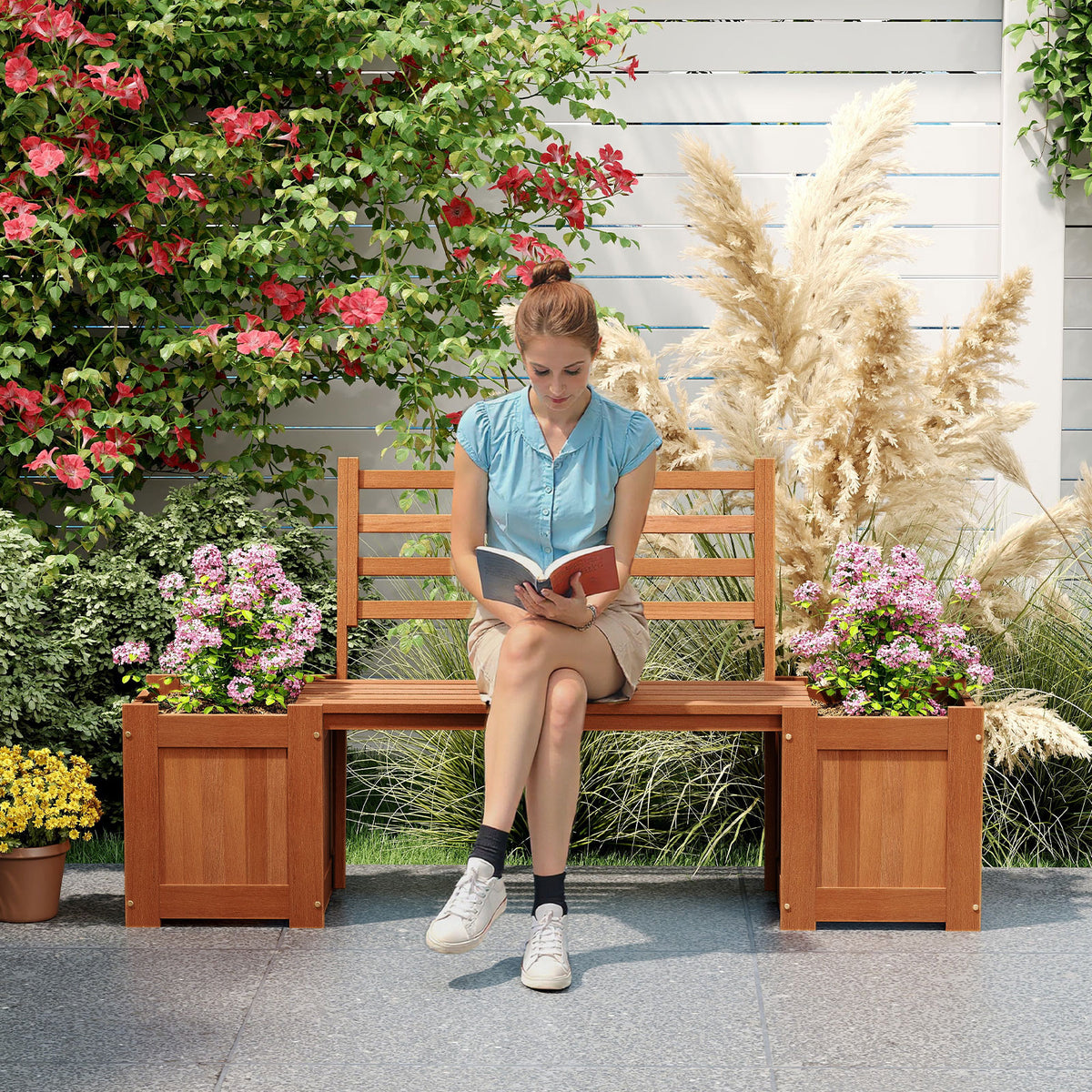 Wood Outdoor Planter Box with Bench Garden Seat with 2 Flower Boxes and Backrest