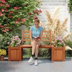 Wood Outdoor Planter Box with Bench Garden Seat with 2 Flower Boxes and Backrest