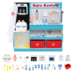 Wood Medical Center Toy Set with Examine Region and Height Measurer-Blue