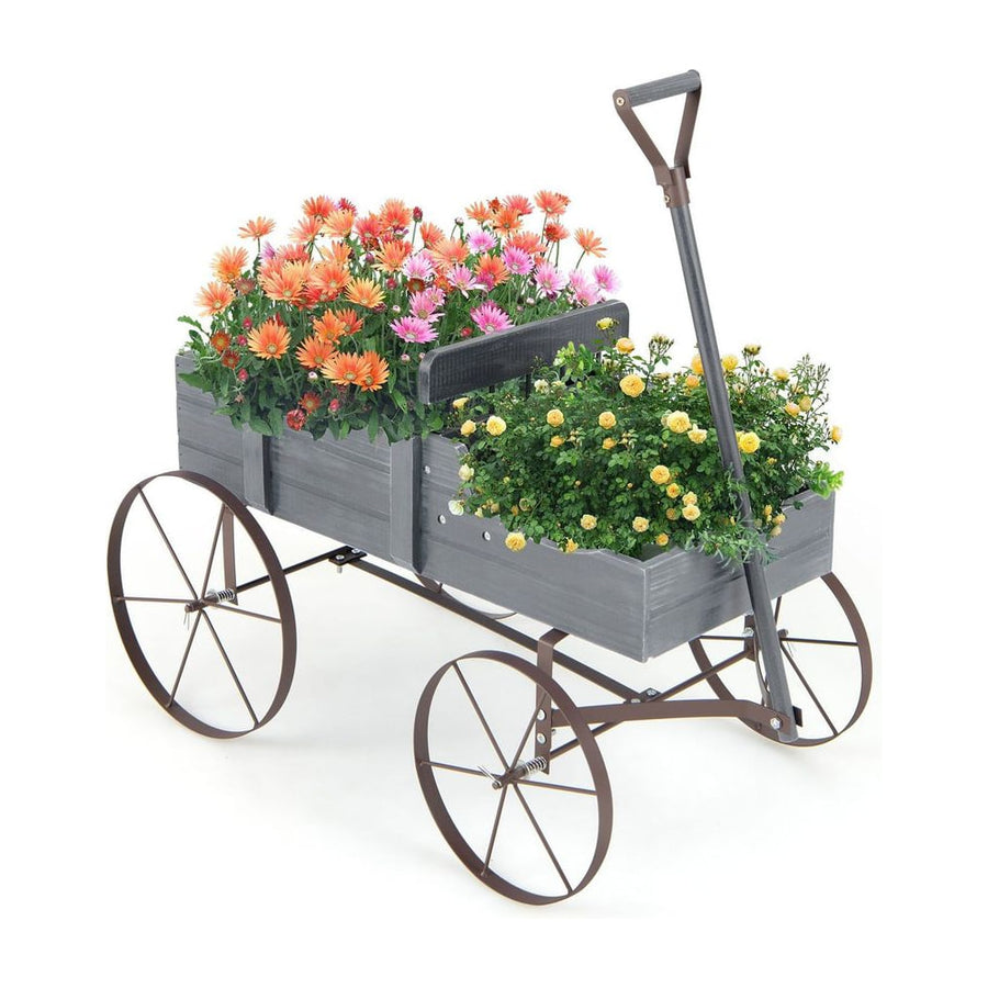 Wood Wagon Flower Planter with Wheels and 2 Planting Sections-Grey