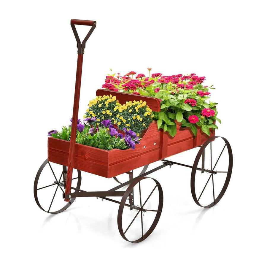 Wood Wagon Flower Planter with Wheels and 2 Planting Sections-Red