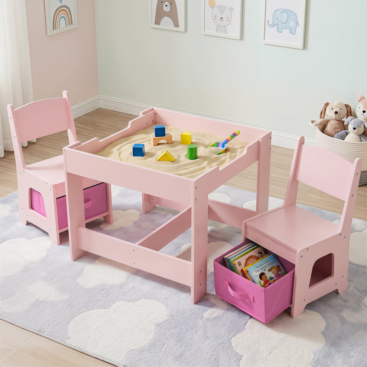 Wooden Activity Table with 2 Seats and Detachable Dual-Sided Tabletop-Pink