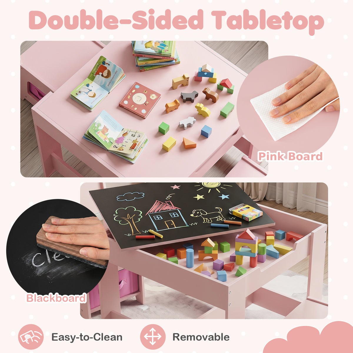 Wooden Activity Table with 2 Seats and Detachable Dual-Sided Tabletop-Pink