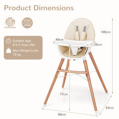 The high chair shown with various measurement lines and labels indicating its dimensions
