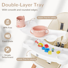The double tray of the high chair with a bowl and cup on the top surface for feeding