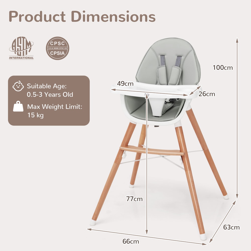 Product dimensions diagram for the wooden baby infant high chair