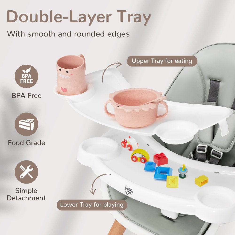 Close up of the double layer tray on the high chair, showing food and toys