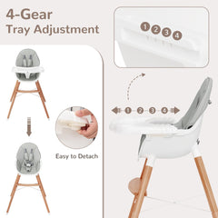 Wooden baby high chair with adjustable tray and easy detach feature