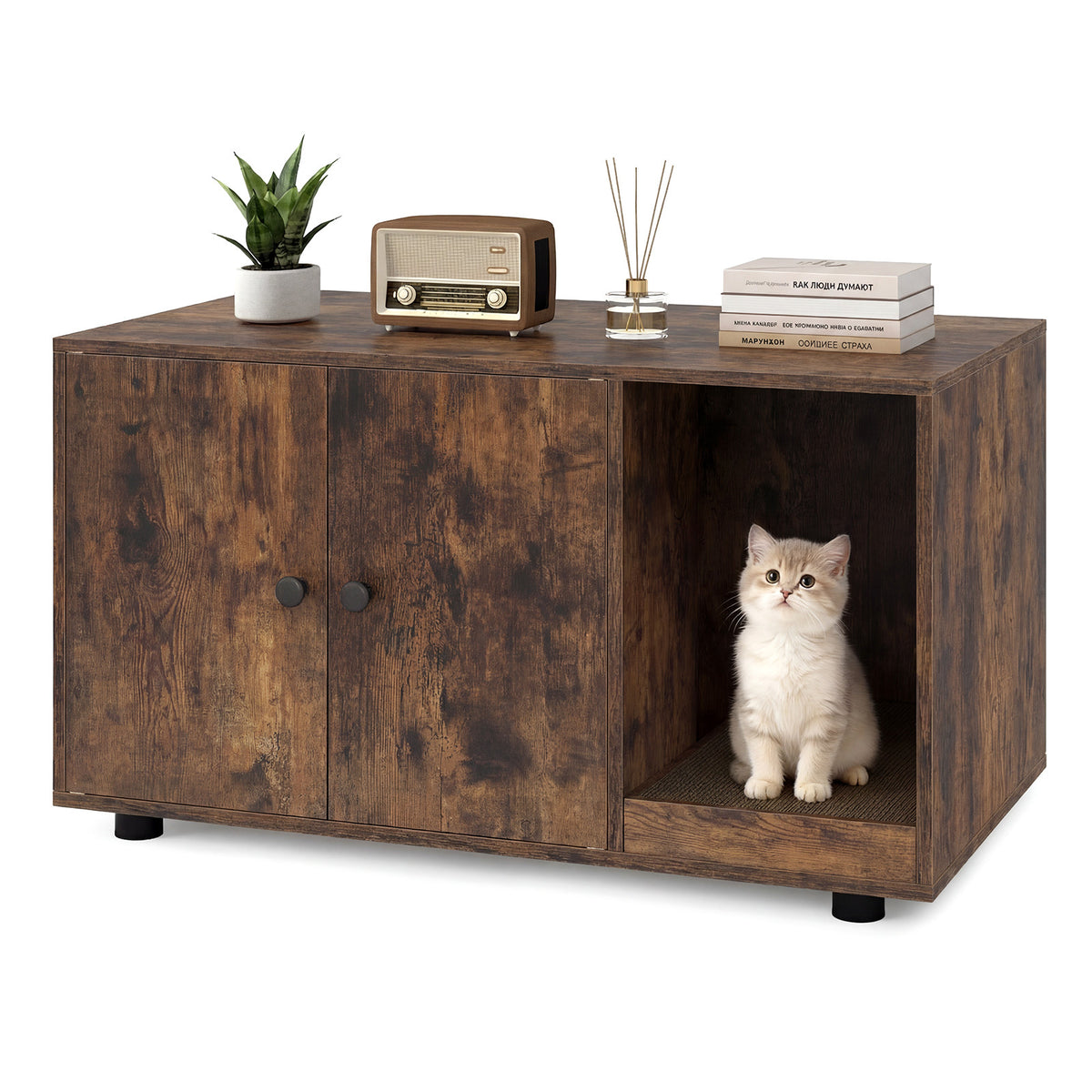 Wooden Cat Litter Box Enclosure Hidden Litter Box Furniture with Scratching Board-Brown