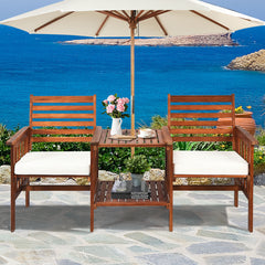 Wooden Companion Seat with Upper and Lower Table and Umbrella Hole-White