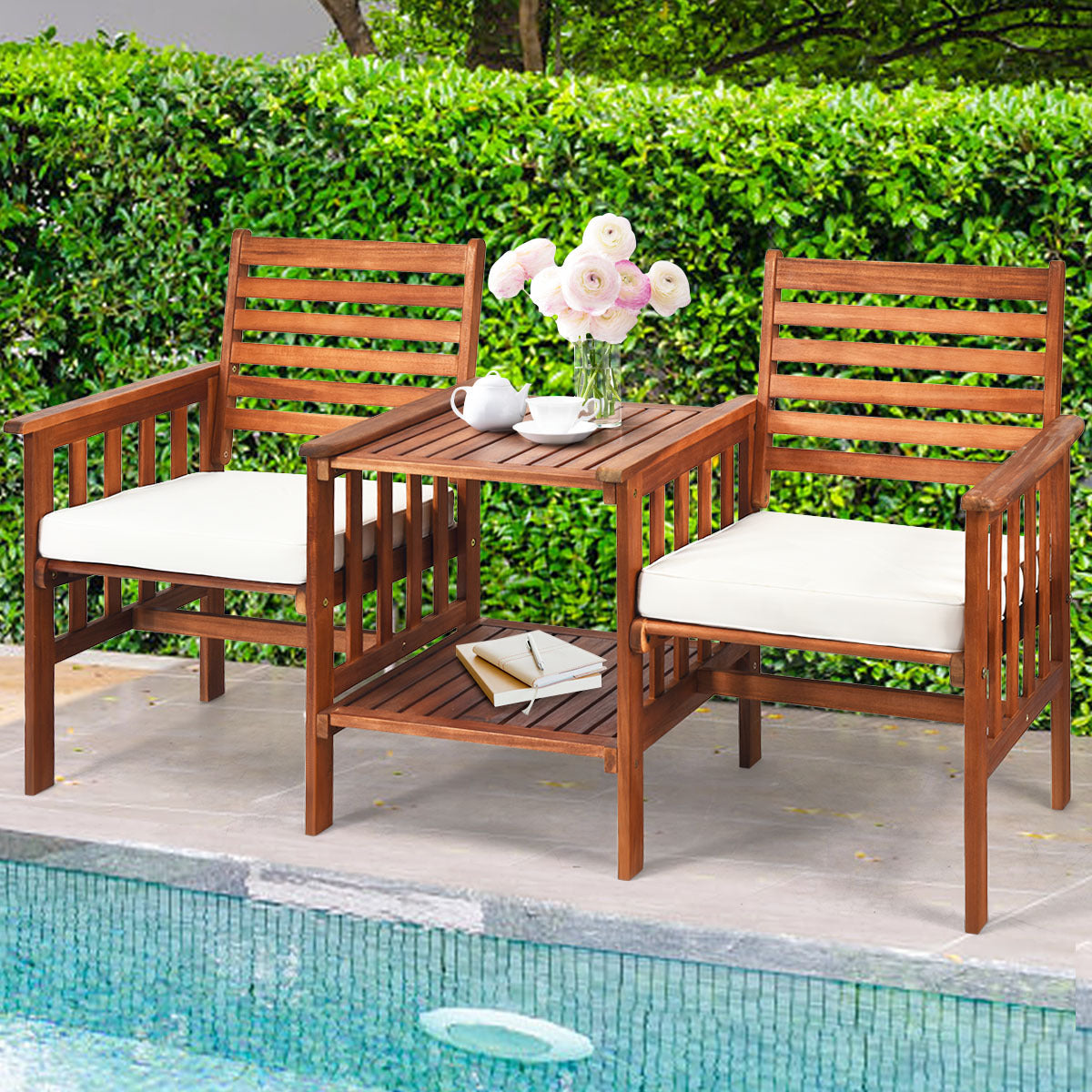 Wooden Companion Seat with Upper and Lower Table and Umbrella Hole-White