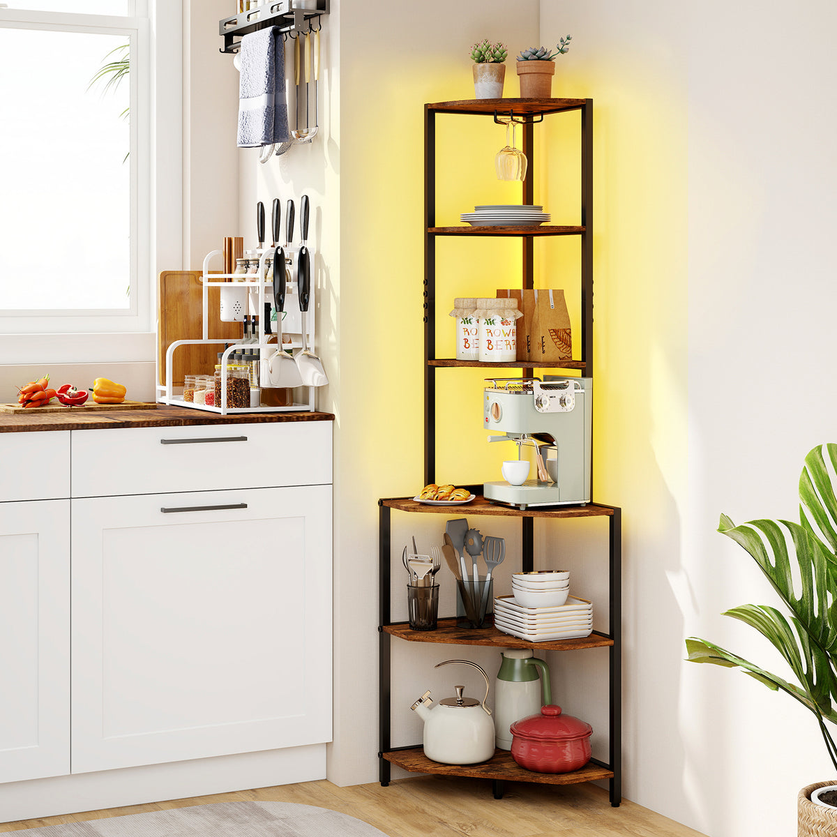 The corner bookcase is shown in a kitchen setting, holding a coffee machine, kettle and jars