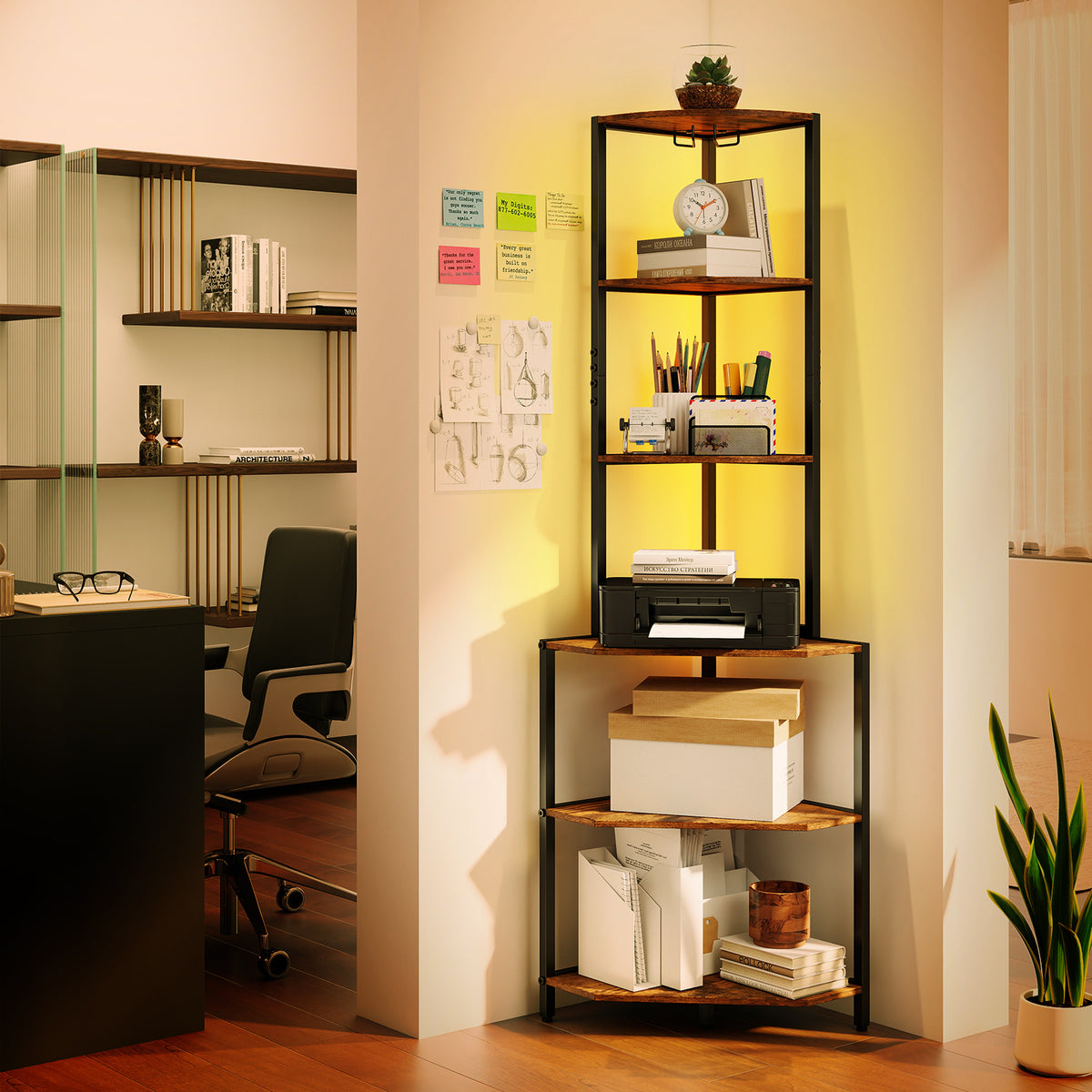 The rustic brown bookcase is placed in a home office, holding a printer and boxes