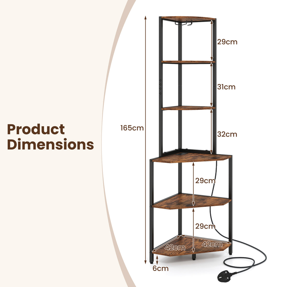 A diagram showing the dimensions of the wooden corner shelf unit
