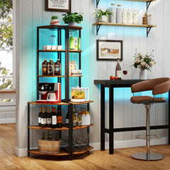 The tall corner shelving unit is displayed in a dining room or bar area, holding wine bottles and glasses