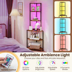 The corner shelving unit is shown with a remote control, highlighting its adjustable lighting options