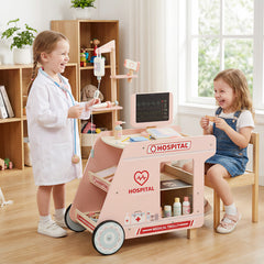 Wooden Doctor Playset Pretend Play Doctor Kit with Cart-Pink