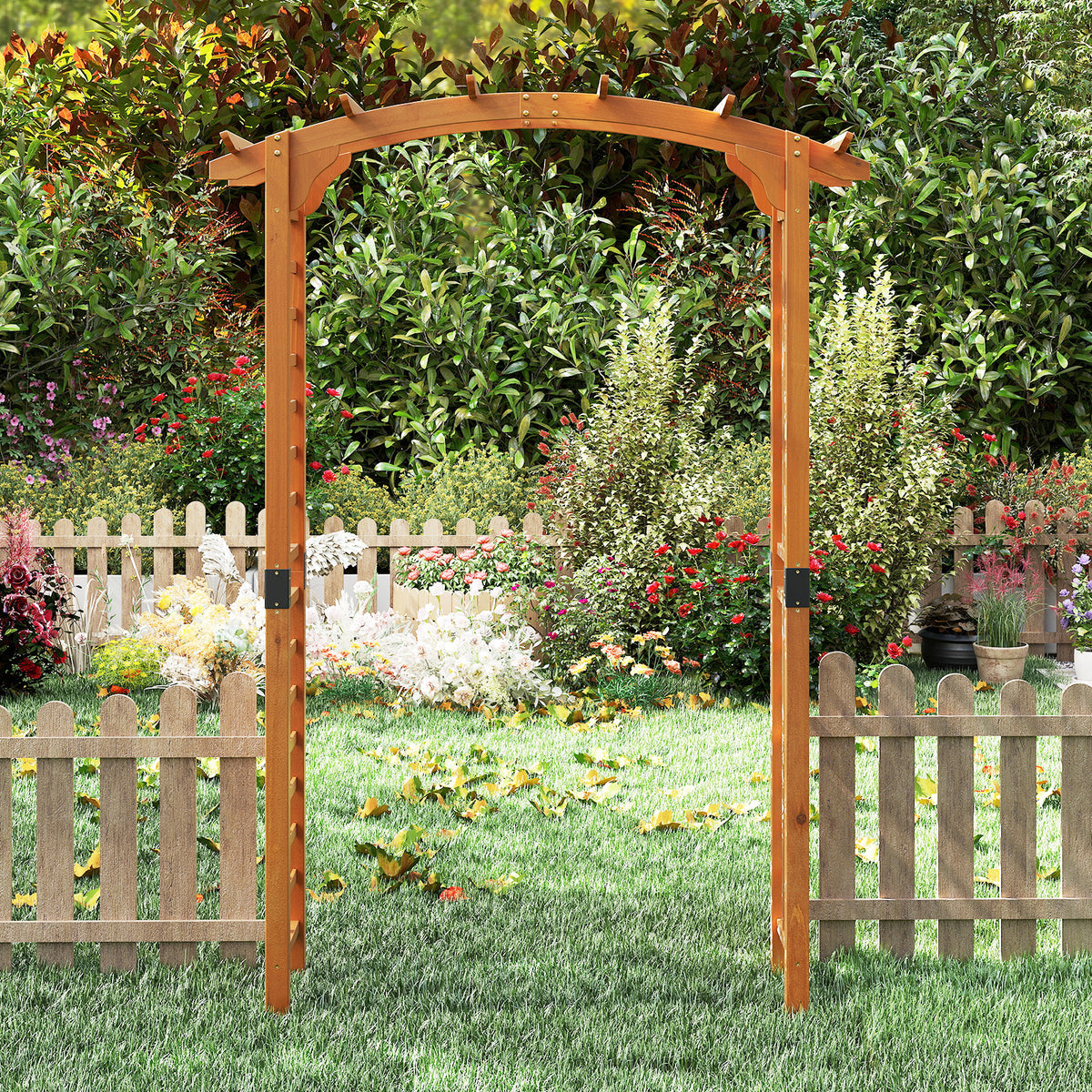 Wooden Garden Arch with Wide Top and Side Trellis for Climbing Plants-Orange