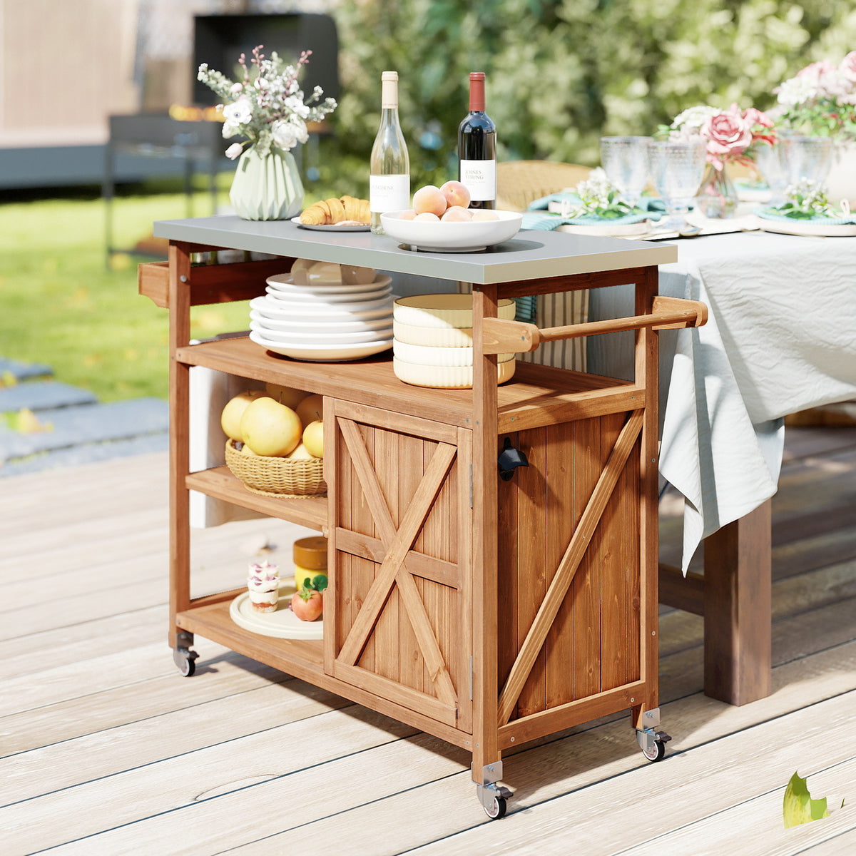 Wooden Grill Cart with Storage Outdoor Kitchen Island with Stainless Steel Top-Natural