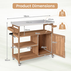 Wooden Grill Cart with Storage Outdoor Kitchen Island with Stainless Steel Top-Natural