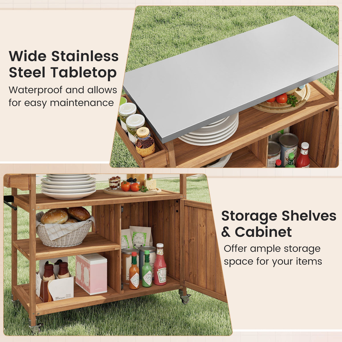Wooden Grill Cart with Storage Outdoor Kitchen Island with Stainless Steel Top-Natural