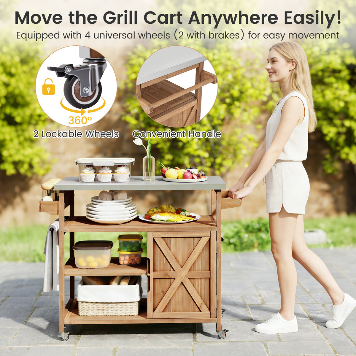 Wooden Grill Cart with Storage Outdoor Kitchen Island with Stainless Steel Top-Natural