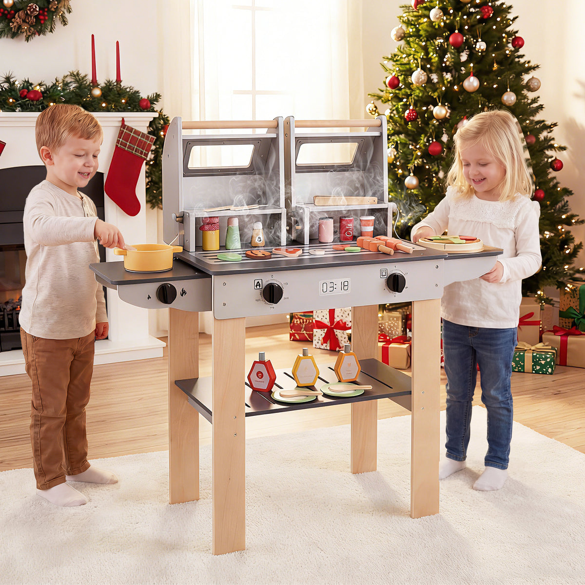 Wooden Kids Barbecue Grill Playset with Abundant Grilling Tools for 3+