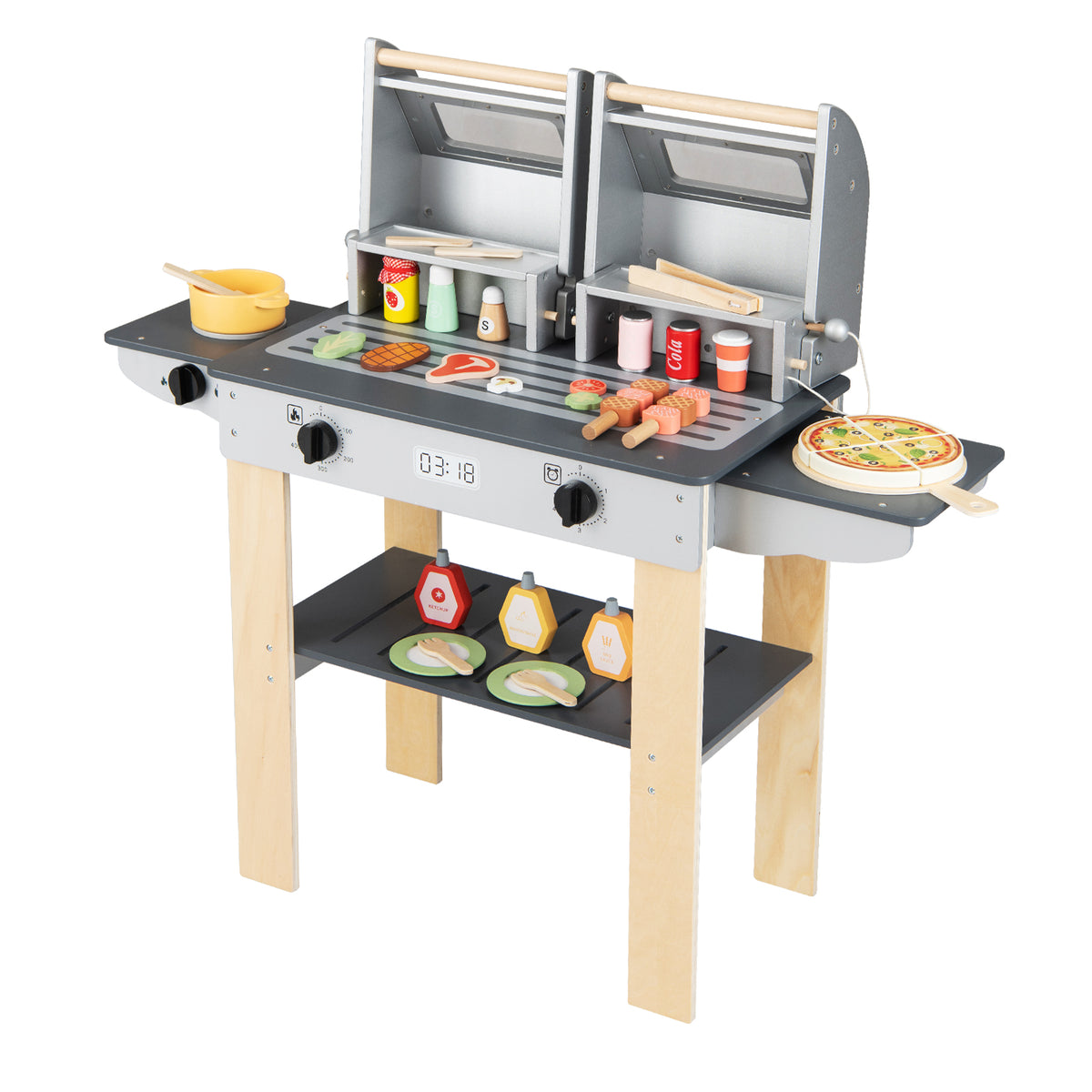 Wooden Kids Barbecue Grill Playset with Abundant Grilling Tools for 3+