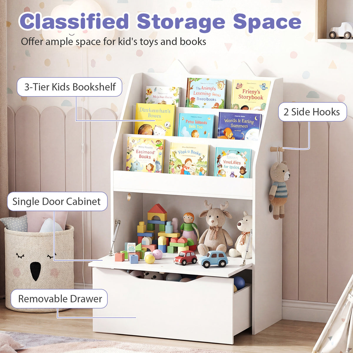 Wooden Kids Bookshelf with Movable Drawer & Chalkboard for Playroom Nursery-White