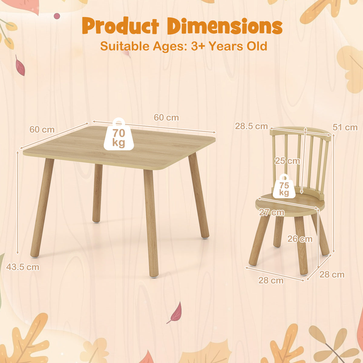 Wooden Kids Table and 2 Chairs Set with Curved Spindle Backrests-Natural