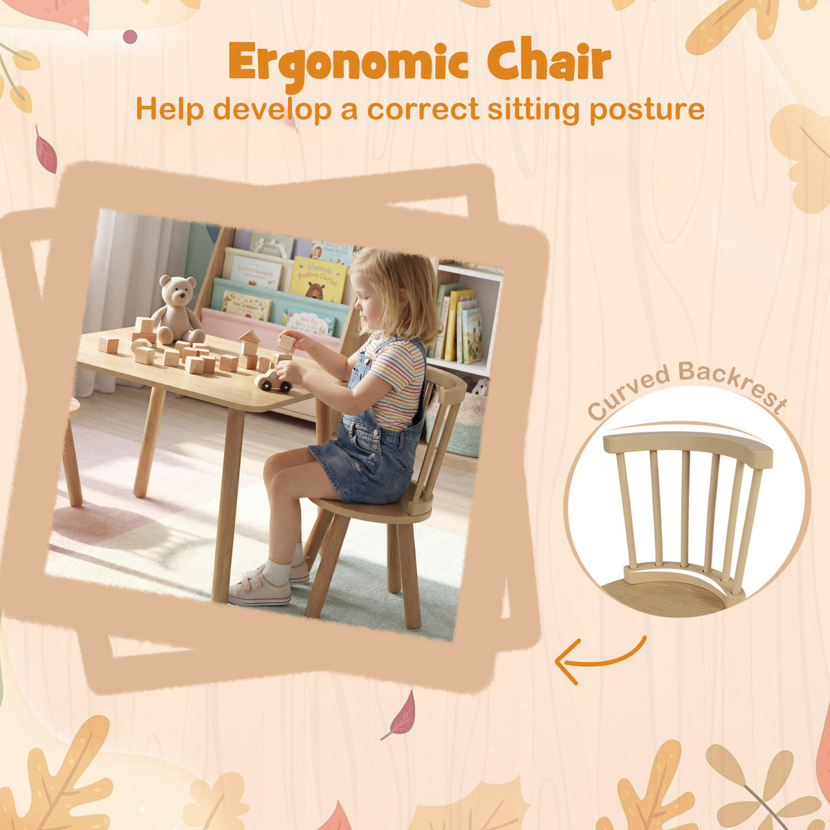 Wooden Kids Table and 2 Chairs Set with Curved Spindle Backrests-Natural
