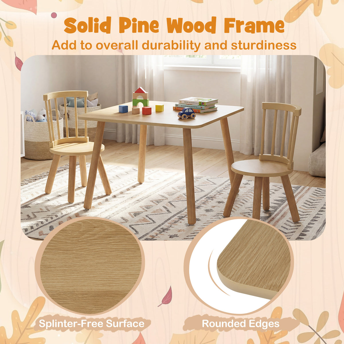 Wooden Kids Table and 2 Chairs Set with Curved Spindle Backrests-Natural