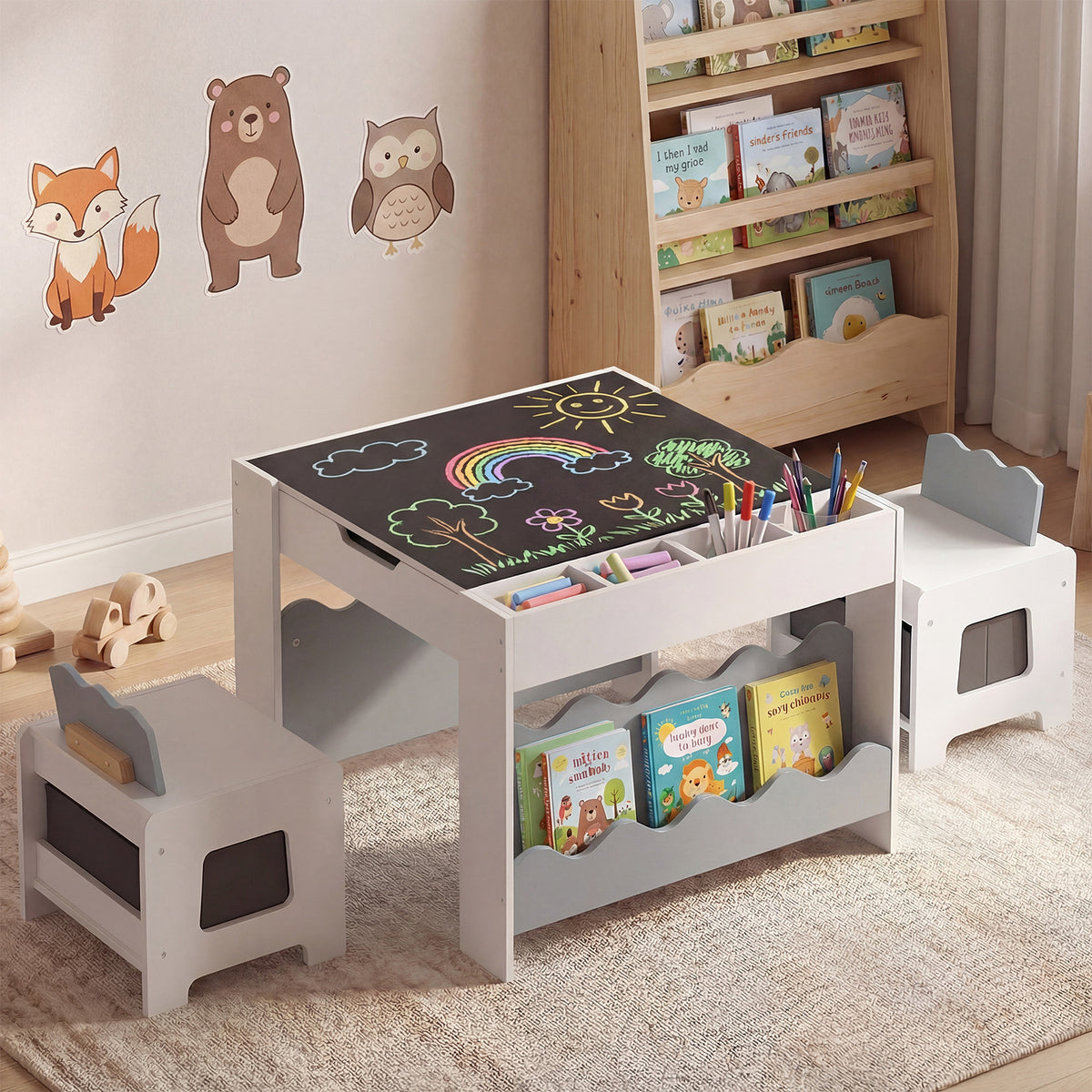 Wooden Kids Table and Chairs Set with Double-sided Tabletop and Small Compartments-Grey