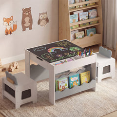 Wooden Kids Table and Chairs Set with Double-sided Tabletop and Small Compartments-Grey
