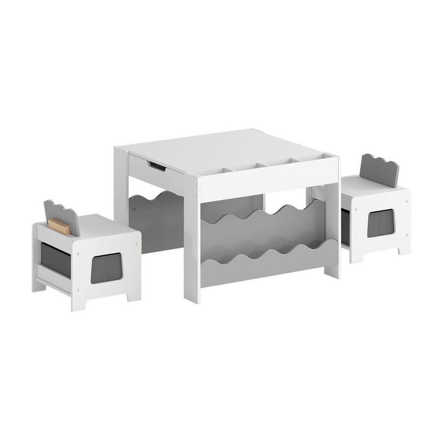Wooden Kids Table and Chairs Set with Double-sided Tabletop and Small Compartments-Grey